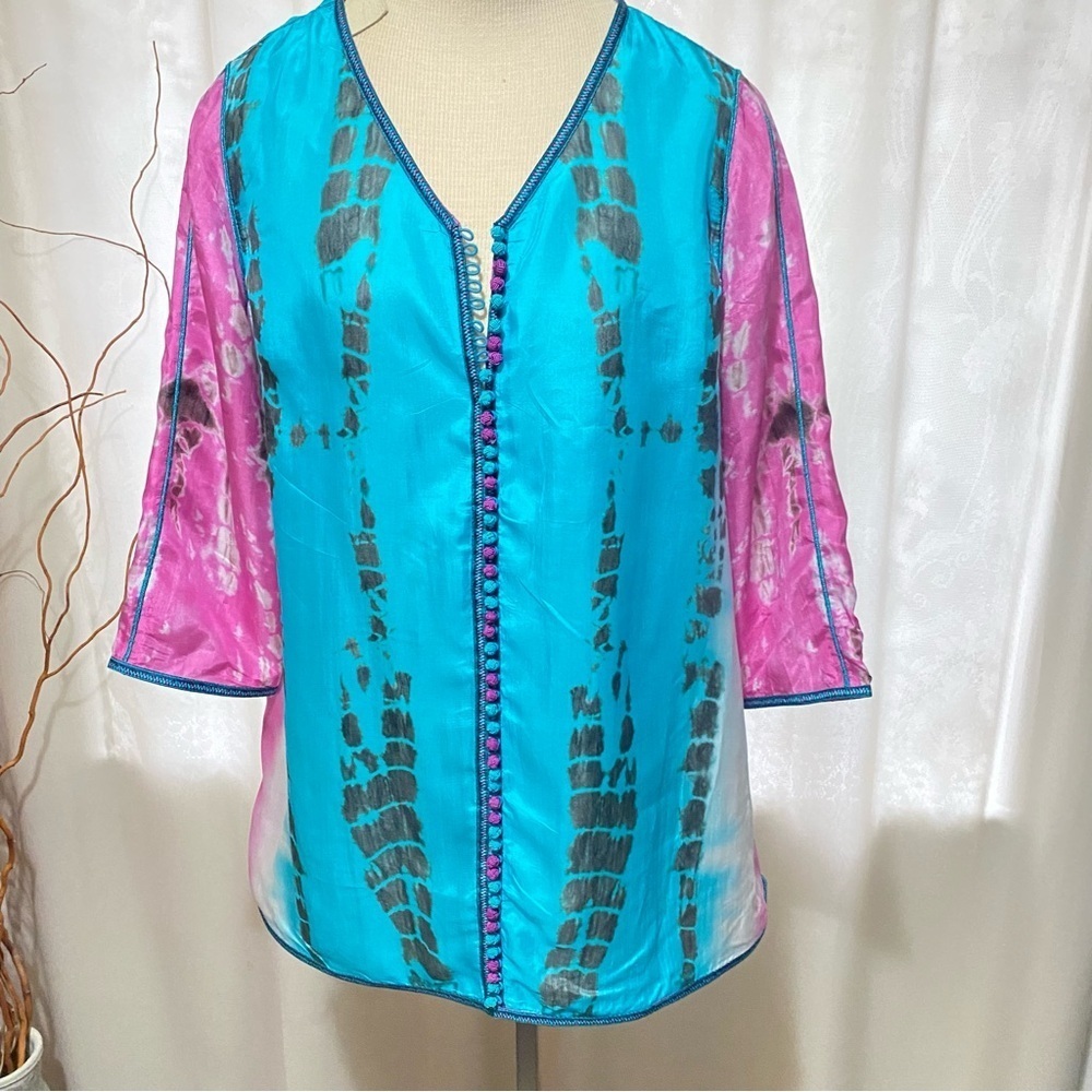 Soft Surroundings 100% Silk Long Sleeve Blouse Tie Dye w/Trim and Buttons Size M